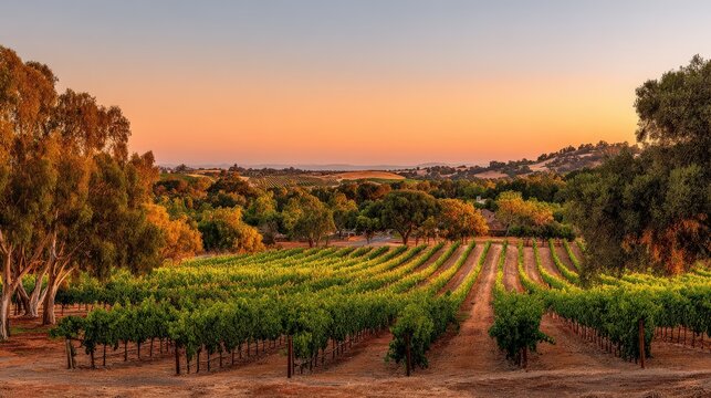 Dramatic sunset bathes a vineyard in warm hues, with rows of lush grapevines stretching towards the horizon; golden light illuminates the leaves and the sky above, creating a tranquil scene.