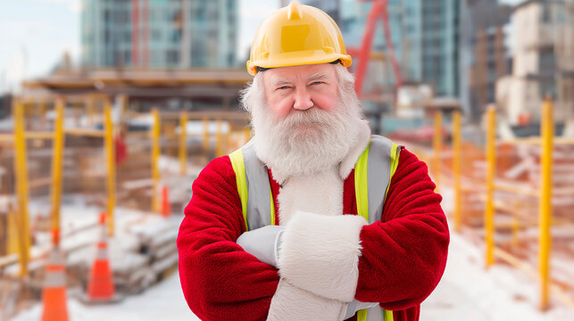 Santa Claus in Safety Helmet and Vest with Arms Crossed at Construction Site – Holiday Worker Theme