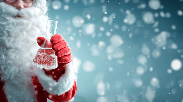 Close-up of Santa Claus holding a bubbling flask in the laboratory – Festive science concept