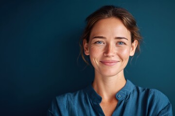 Smiling woman against blue background