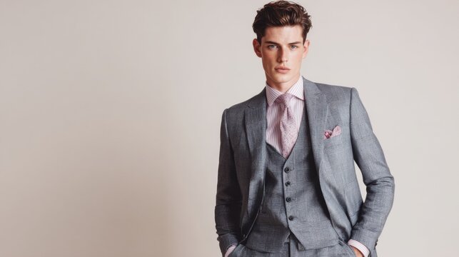 In a simple studio setting, a young man presents a modern tailored grey suit, accented by a pink shirt and pocket square, reflecting contemporary fashion trends and elegance.