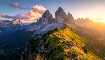 Majestic mountain peaks bathed in golden sunlight at sunset, showcasing a vibrant green valley below.