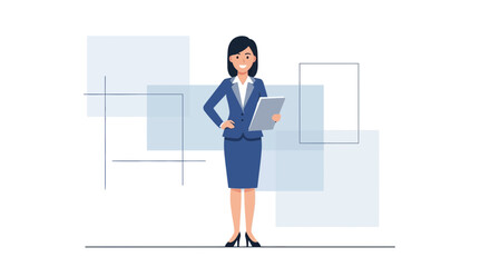 Fototapeta premium A Professional Woman Smiling and Holding a Tablet in a Modern and Abstract Setting