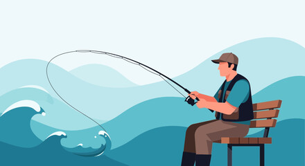 A fisherman sits on a bench and fishes in the ocean to enjoy his hobby and pastime