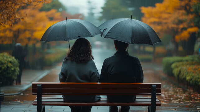 Couple sits under black umbrellas on park bench, observing serene autumn rain falling amidst golden foliage and wet pathways, creating peaceful and reflective scene.