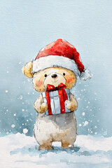 Adorable watercolor bear wearing red santa hat holding wrapped christmas present with bow standing in snowy landscape soft pastel blue background gentle falling snow childlike illustration style