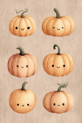 Set of six charming hand painted pumpkins with happy smiling faces in soft pastel orange watercolor tones arranged on textured paper background cute kawaii halloween illustration
