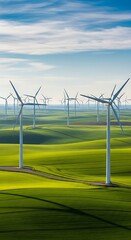 Wind Turbines on Green Fields Under a Cloudy Sky.