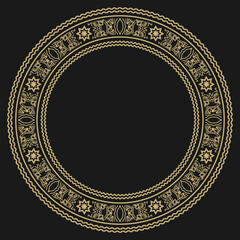 Round vintage golden frame with a stylized floral ornament. Black background. Vector illustration
