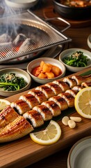 Grilled Eel Sushi with Side Dishes and Grill.