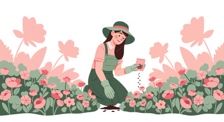 A woman is planting seeds in a flower garden surrounded by nature and beauty