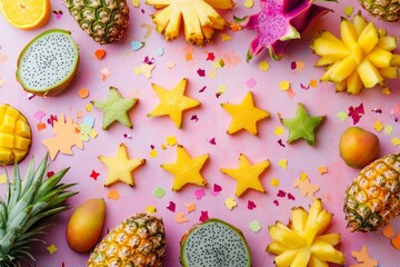 Colorful Summer Flat Lay with Exotic Fruits in Star Shapes