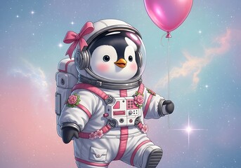 Cute Penguin Astronaut in Space.