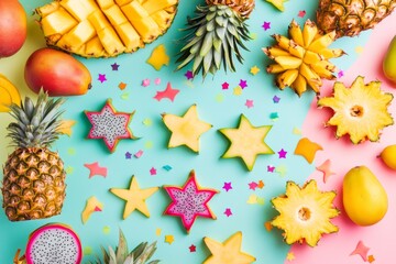Tropical Fruit Firework Flat Lay with Pineapple and Dragon Fruit