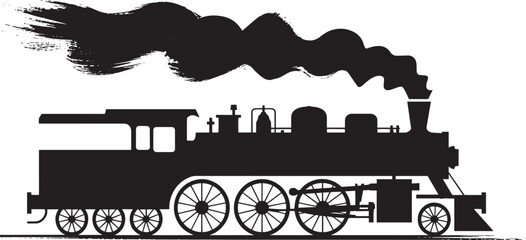 Obraz premium Train silhouette with smoke on transparent background. Locomotive black outline with exhaust plume