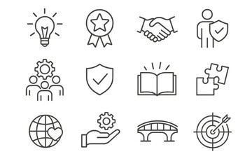 Collection of 12 linear icons representing business values, featuring badges, shields, light bulbs, collaboration, trust, and global responsibility.