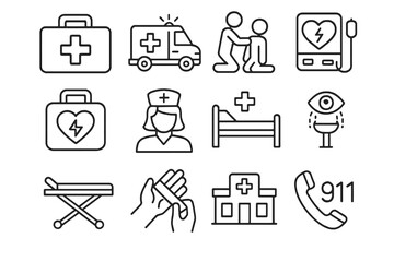 Collection of 12 linear icons about first aid and workplace safety, featuring bandages, eyewash, fire hose, emergency calls, and patient care.