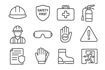 Set of 12 thin line editable icons for workplace safety, including PPE, first aid, fire extinguisher, hazard prevention, and emergency exits.