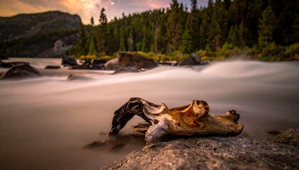 Fototapeta premium A driftwood log rests on river rocks at the water's edge, bathed in warm, golden light as the water flows gently around it.