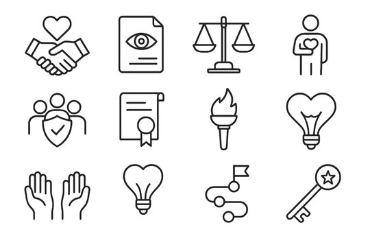 Collection of 12 linear icons about moral values, featuring certificates, unity, guidance, balance, ethical journeys, and trustworthy actions.