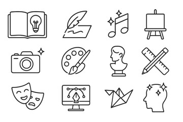 Set of 12 thin line editable icons about artistic creativity, including writing, music, painting, photography, design, and creative thinking.