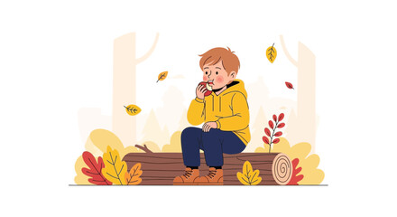 Fototapeta premium A Young Boy Eating an Apple and Enjoying Autumn Sitting on a Log