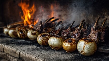 Fototapeta premium Sizzling flames illuminate a barbecue scene where various cuts of meat and whole onions grill, creating a rustic and appetizing display.