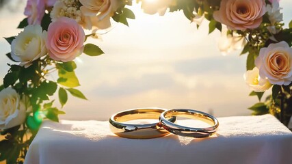 Two gold rings rest on wedding pillow symbol of eternal fidelity and unbreakable union. Delicate arch of fresh flowers rises above rings creating natural frame for this sacred symbol.