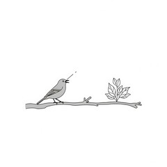 Bird Singing on Branch with Leaves.