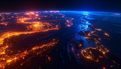 Stunning Aerial View of Earth at Night with City Lights and Ocean Glow.