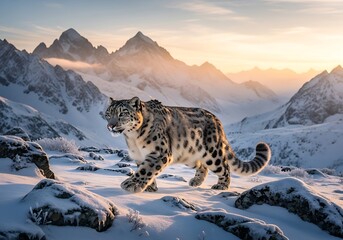 Majestic Snow Leopard in Mountainous Landscape.