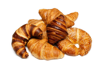 Different fresh croissants on a white background