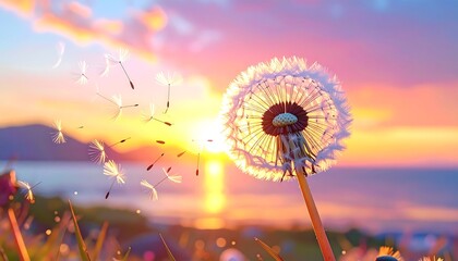 Dandelion clock seed dispersal with a vibrant sunset background