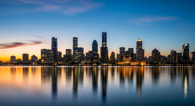 City skyline reflecting in calm water at dusk.