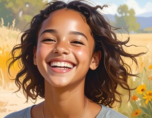 A joyful young woman with a radiant smile and windswept hair, captured in a vibrant, warm-toned illustration.