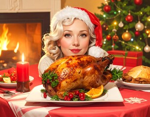 A woman in a Santa hat gazes at a roasted Christmas turkey, festively garnished, on a table decorated for the holiday season.