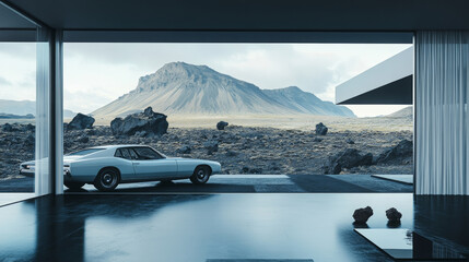 Timeless Elegance: Vintage American Car Parked by a Modern Minimalist Home With a Panoramic View of a Rugged Mountain Landscape