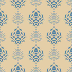 A pattern of blue and white flowers is embroidered on a tan background. The flowers are arranged in a way that creates a sense of movement and flow. Scene is serene and calming