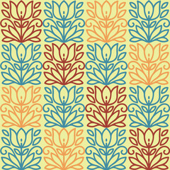 A colorful floral pattern with a yellow background. The flowers are in various shades of blue, red, and yellow. The pattern is intricate and detailed, with each flower having its own unique design