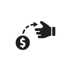 Vector art of a hand reaching for a dollar coin with an arrow indicating the direction of movement, this icon represents investment, donation, or financial transaction in a simple design