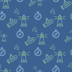 A blue and green pattern of various sea vessels and a compass. The pattern is made up of different shapes and lines, giving it a playful and whimsical feel. The use of bright colors