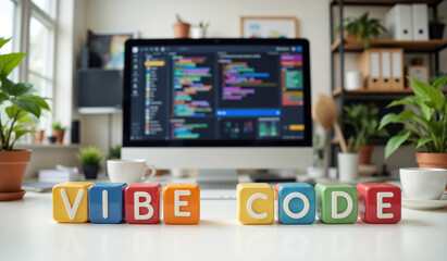 Kids coding course workspace with Vibe Code blocks on desk and colorful programming interface on computer screen promoting educational software for schools workshops and online training platforms