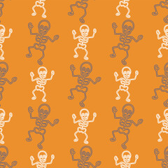 A pattern of skeletons dancing on an orange background. The skeletons are all different sizes and are in various poses. Scene is playful and lighthearted, as the skeletons are depicted as having fun