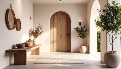 Warm Entryway with Wooden Door and Natural Decor in Neutral Tones