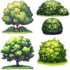 Pixel Tree Set Bush Shrub Collection Plant Isolated Retro 8bit 16bit Pixelated Nature Video Game Asset