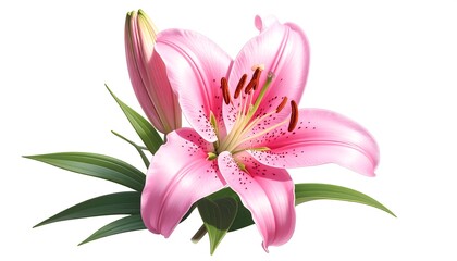Fototapeta premium Delicate pink lily blossoms with vibrant green leaves, a beautiful floral arrangement against a stark white background.