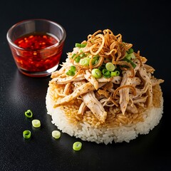 Delicious Vietnamese Chicken Rice Bowl with Spicy Sauce.