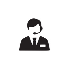 Illustration of a customer service representative with a headset, the icon depicts a person with a tie and name tag, symbolizing assistance and support in a professional setting