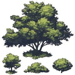 Pixel Tree Set Bush Shrub Collection Plant Isolated Retro 8bit 16bit Pixelated Nature Video Game Asset