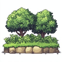 Pixelated Tree and Landscape, Pixel Art Plants and Flowers Video Game Asset, 8bit 16bit Retro Gaming Nature